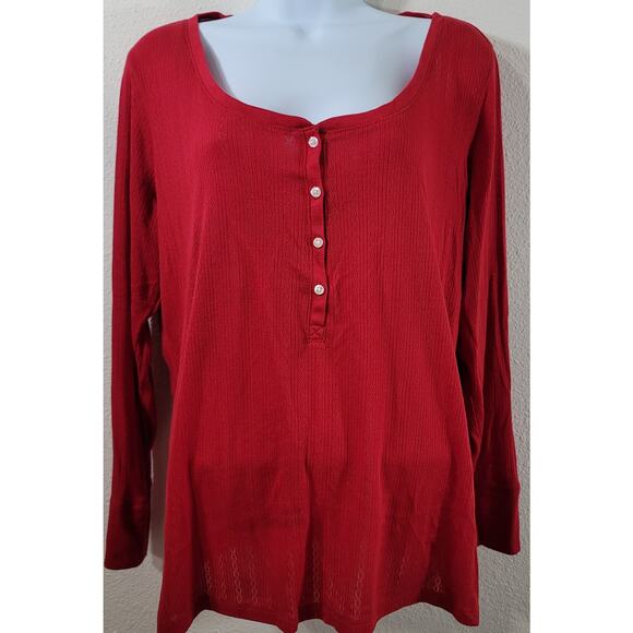 Cato Red Henley Round Neck Top 1X Plus Lightweight Soft Stretchy Long Sleeves - Picture 1 of 6
